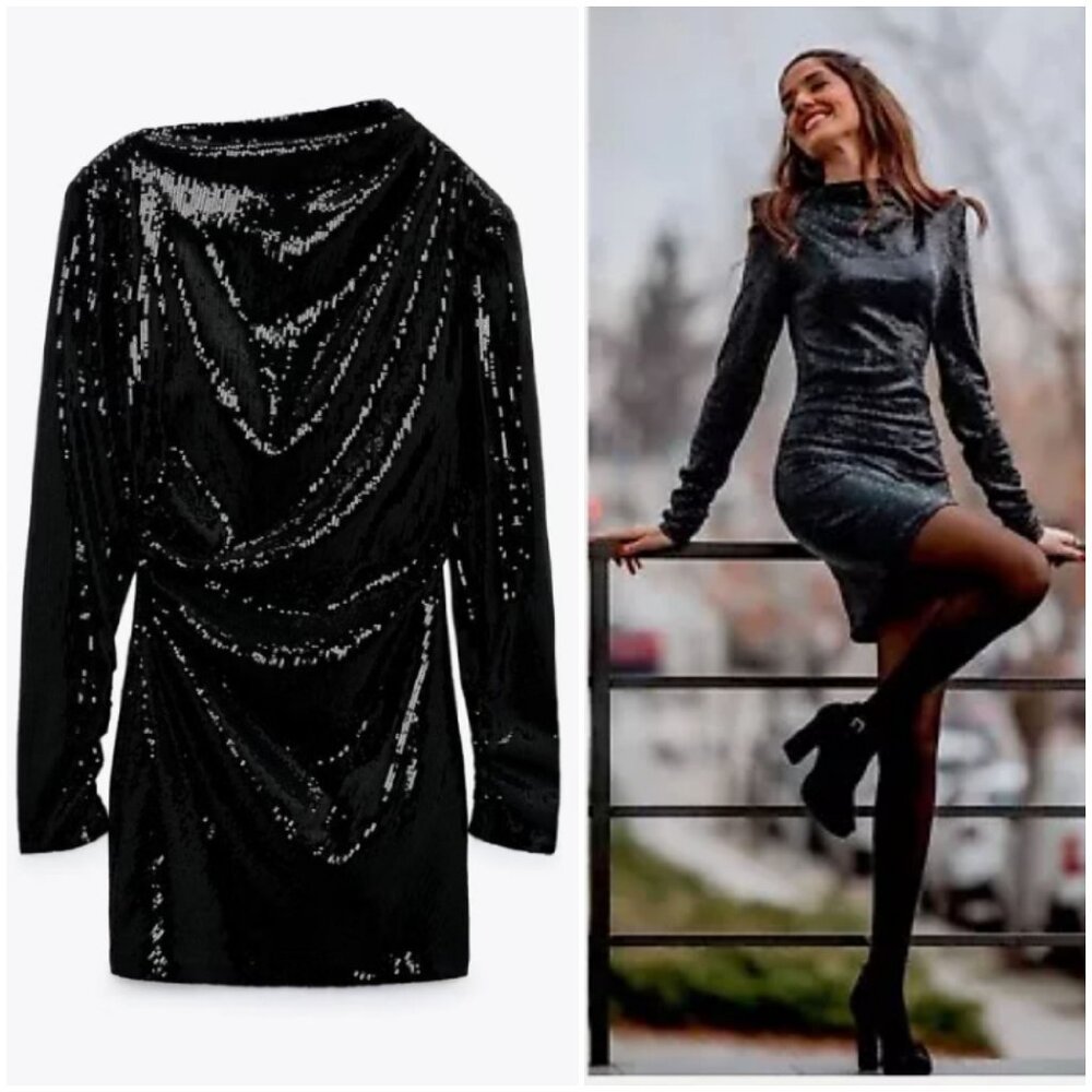 Zara Black Sequin Party Dress - Picture 1 of 16